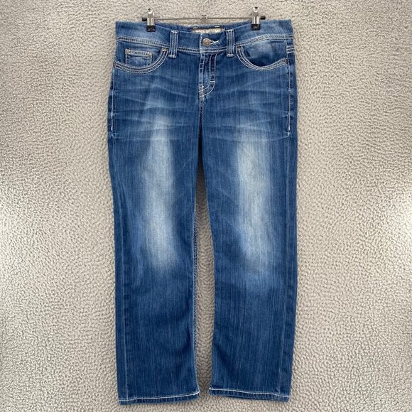 BKE Denim Jeans Womens 30 Harper Blue Medium Wash Contrast Stitch Crop Stretch - Picture 1 of 13